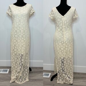 Xhilaration Cream Floral Crochet Lace Side Slit Maxi Dress (M)